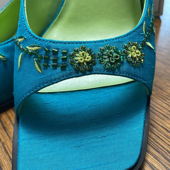 Vintage Nygard Sandals, Turquoise Linen Look Upper/Beaded Embellishment, NIB 8.5 - Picture 3 of 14